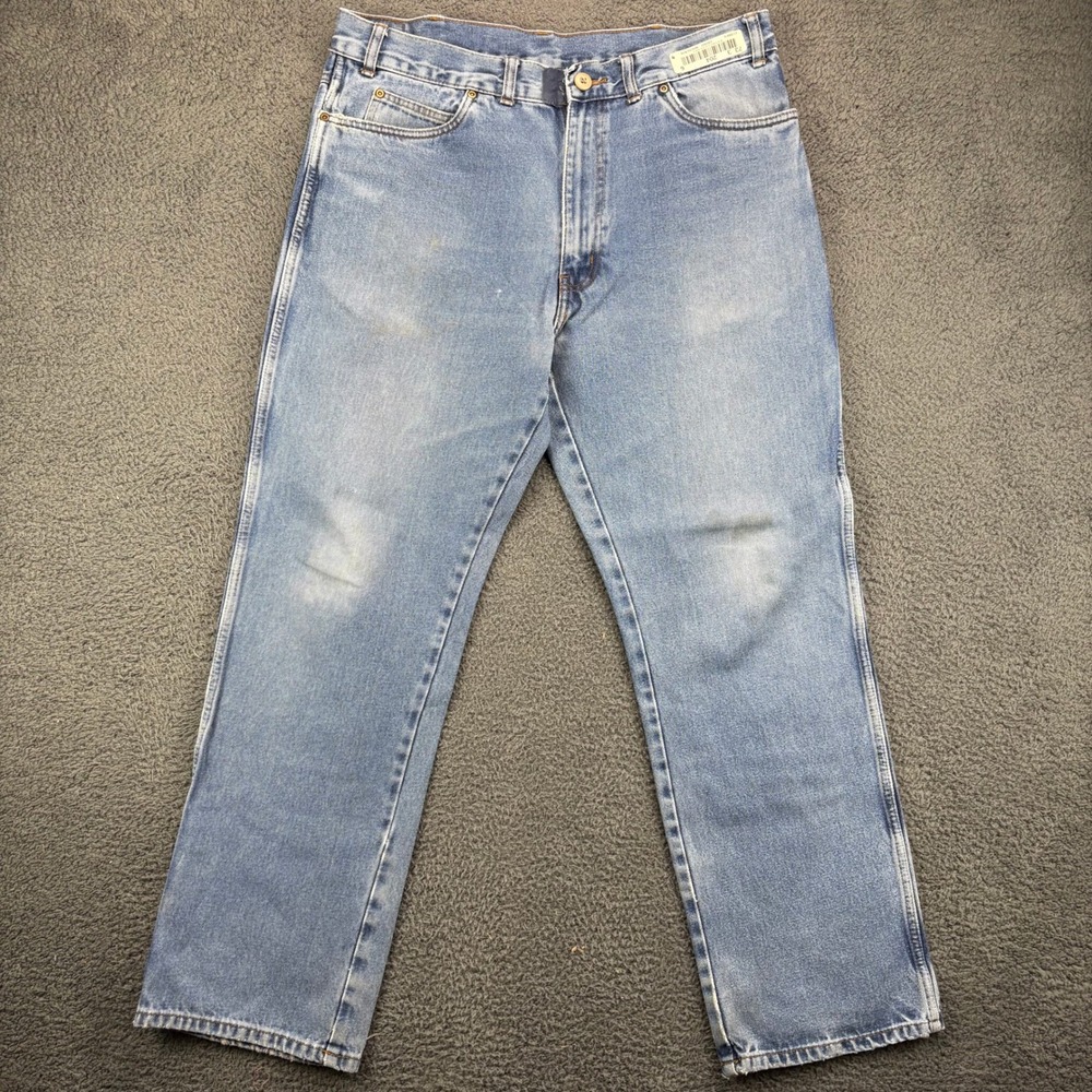 Cintas Mens Relaxed Straight Leg‎ Work Denim Jeans Light Wash 38x32 Blue Cotton